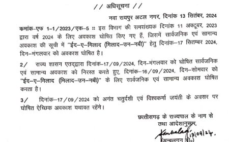 ईद-ए-मिलाद पर 16 सितंबर को सार्वजनिक व सामान्य अवकाश घोषित