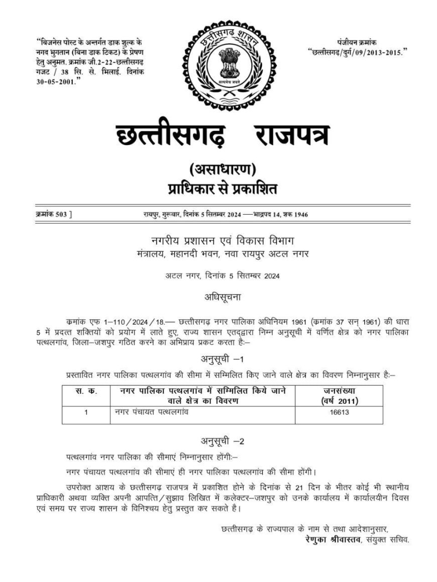 मुख्यमंत्री की घोषणा पर अमल : पत्थलगांव को नगर पालिका बनाने की अधिसूचना जारी