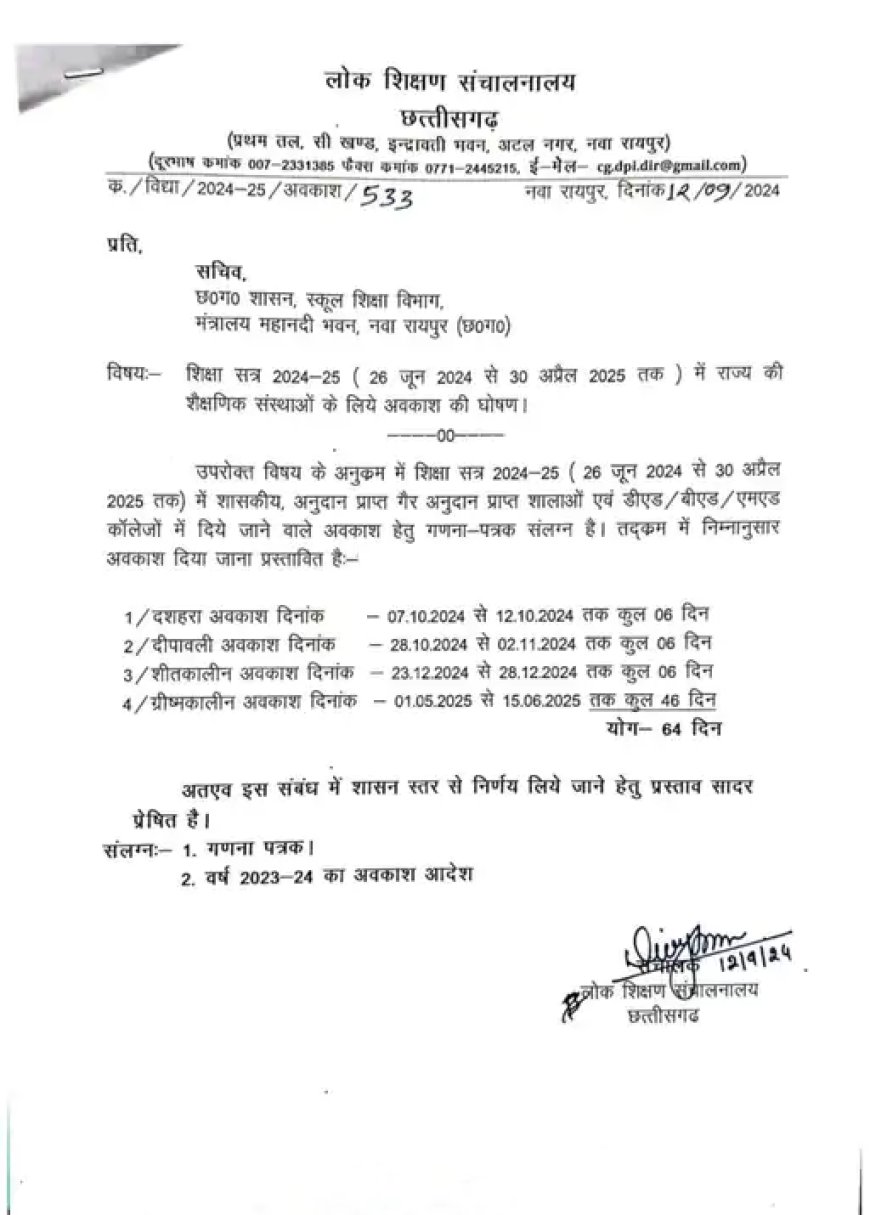छत्तीसगढ़ के स्कूल-कॉलेजों में सत्र 2024-25 के लिए 64 दिनों की छुट्टियों की घोषणा