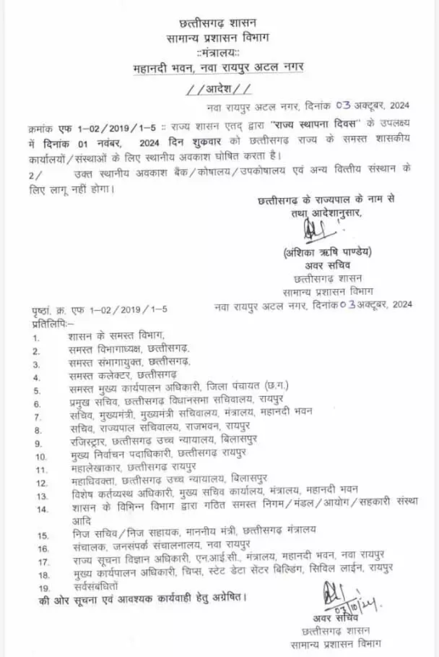 छुट्टी ब्रेकिंग: 1 नवंबर को स्थानीय अवकाश घोषित, देखें आदेश