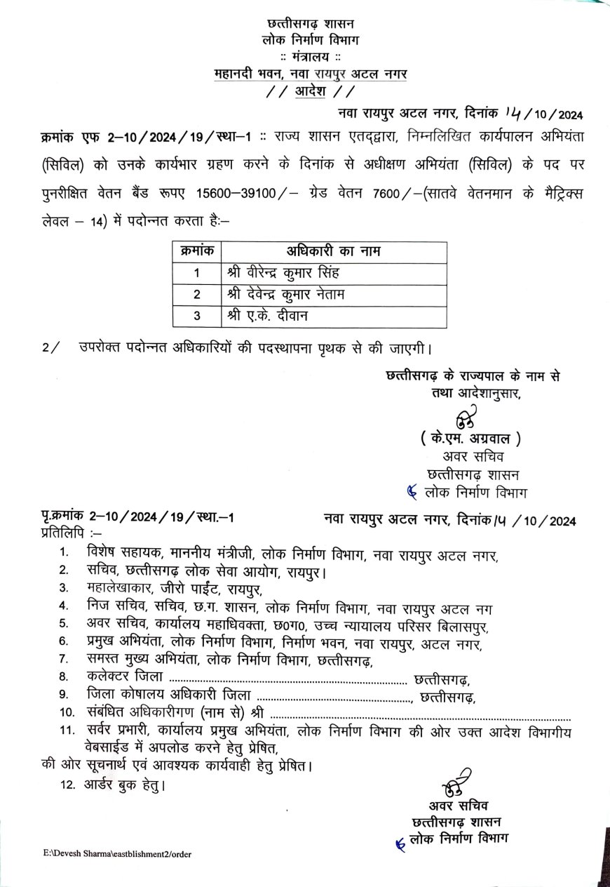 लोक निर्माण विभाग में 51 अधिकारियों की पदोन्नति