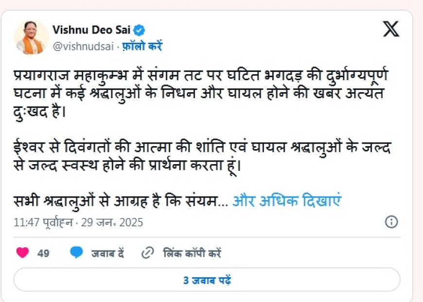 महाकुंभ में भगदड़ से कई लोगों की मौत, सीएम साय ने जताया दुख, श्रद्धालुओं से कहा – संयम बनाए रखें, जिस घाट के पास हैं वहीं पुण्य स्नान करें…