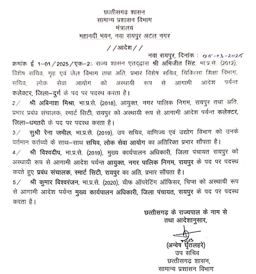 IAS ट्रांसफर: 5 अधिकारियों के बदले प्रभार, देखें आदेश