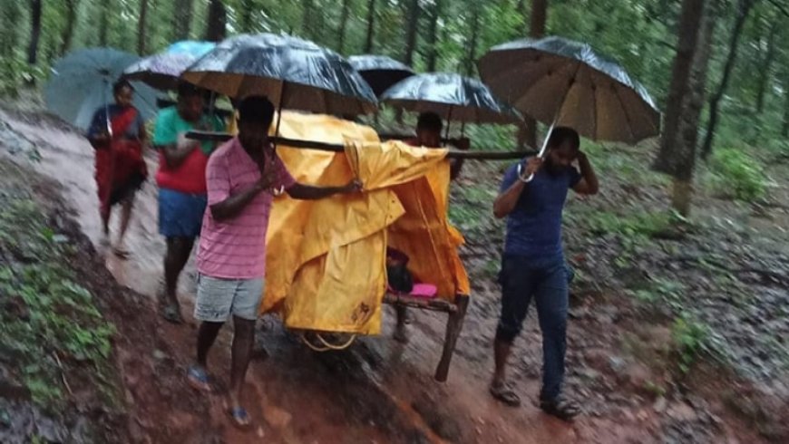 स्वास्थ्य सेवाओं की पोल खोलती खबर...., बीमार महिला को खाट पर लिटाकर 7 किमी पैदल चले परिजन