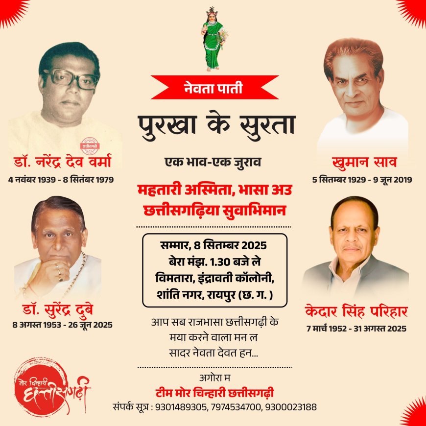 पुरखा मन के सुरता म छत्तीसगढ़ी अस्मिता बर 8 सितंबर के जुरियाबो
