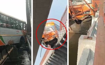 हापुड़ में खौफनाक नजारा, रेलिंग तोड़ गंगा पुल पर लटकी यात्रियों से भरी रोडवेज बस