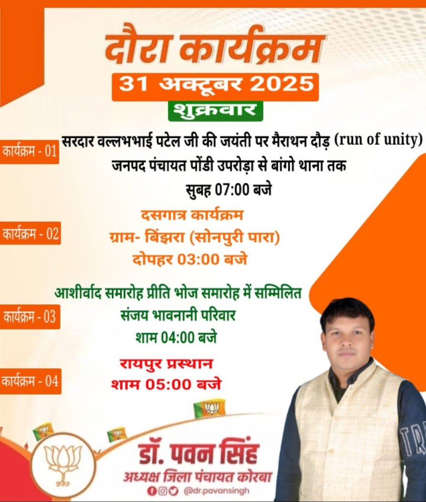 कोरबा जिला पंचायत के अध्यक्ष डॉ पवन सिंह के आज का प्रवास कार्यक्रम