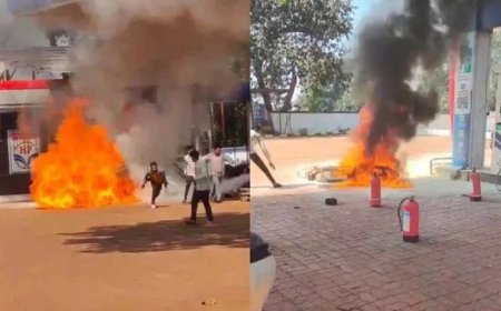 पेट्रोल पंप पर मोटरसाइकिल में लगी आग