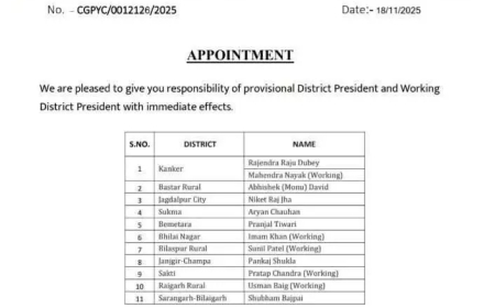 युवा कांग्रेस ने 11 जिलों में नियुक्त किए नए जिलाध्यक्ष, देखें लिस्ट