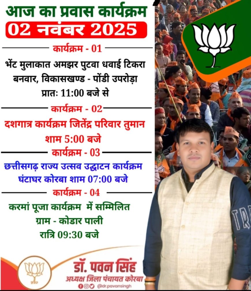 कोरबा जिला पंचायत के अध्यक्ष डॉ पवन सिंह के आज का प्रवास कार्यक्रम
