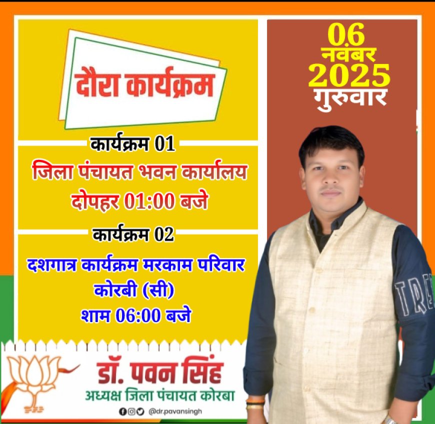 कोरबा जिला पंचायत के अध्यक्ष डॉ पवन सिंह के आज का प्रवास कार्यक्रम