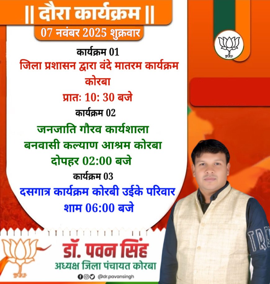 कोरबा जिला पंचायत के अध्यक्ष डॉ पवन सिंह के आज का प्रवास कार्यक्रम