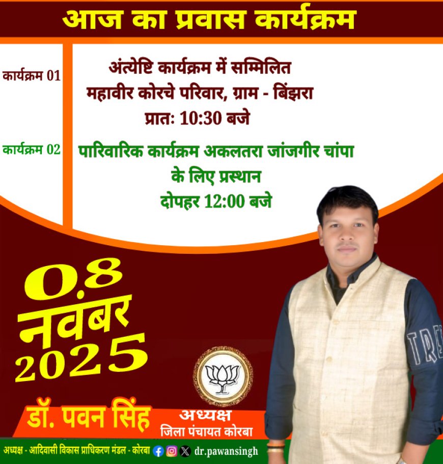 कोरबा जिला पंचायत के अध्यक्ष डॉ पवन सिंह के आज का प्रवास कार्यक्रम
